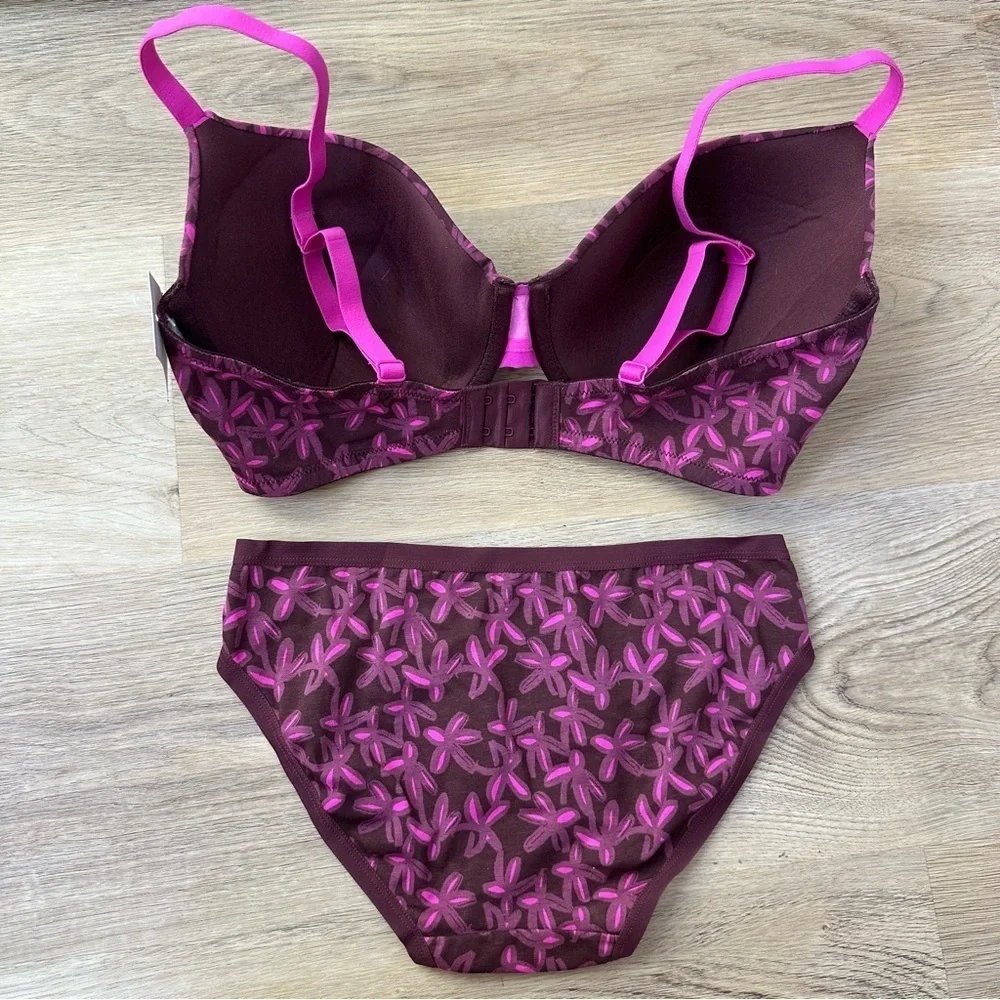 NWT Auden Purple and Pink Floral Bra and Panty Set size 34DD | XS